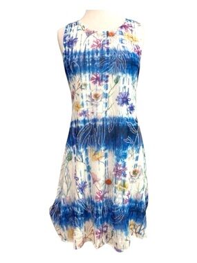 Alison Sheri  dress sleeveless white floral prints blue tie dye round medium